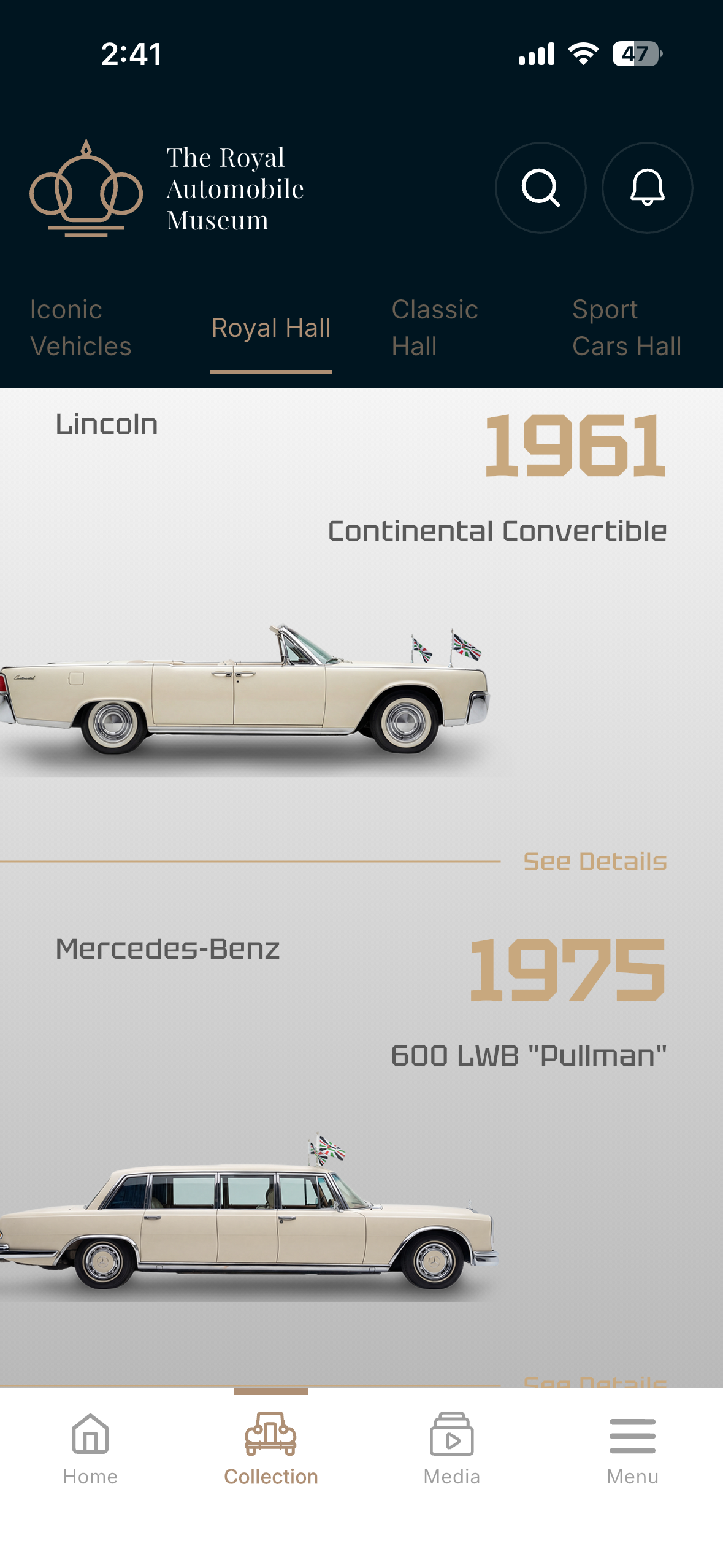App screen showing the Royal Hall collection with a Lincoln Continental and Mercedes-Benz 600 Pullman