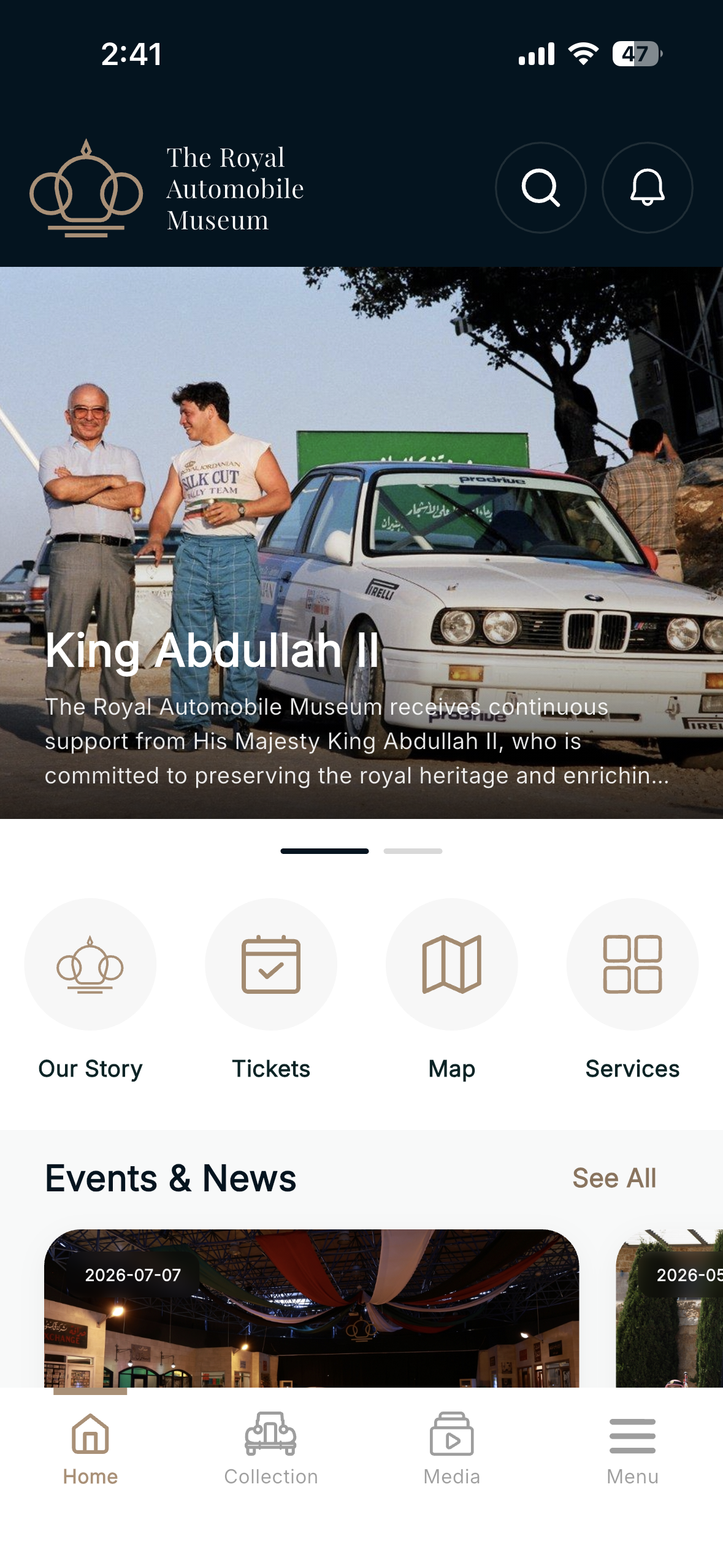 App home screen with featured stories, tickets, map, and services
