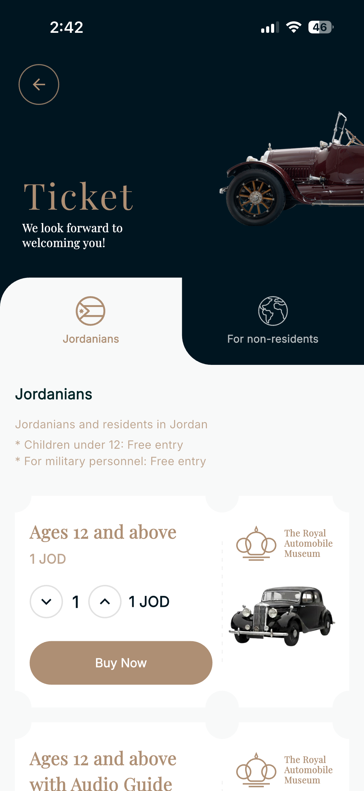 App ticket booking screen for Jordanians and non-residents